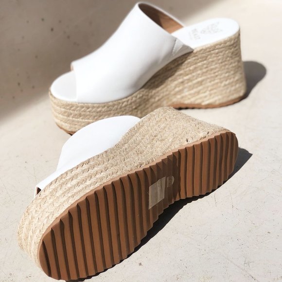 NEW White Smooth Faux Leather Espadrilles Chunky Platform Wedge Slides Sandals - Picture 7 of 13